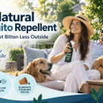 Bite Back Diy Natural Mosquito Repellent Guide Showing A Couple Relaxing Outside With Plant-Based Repellent, A Patio Fan, Citronella Candle, And Tips For Reducing Standing Water And Mosquito Bites.