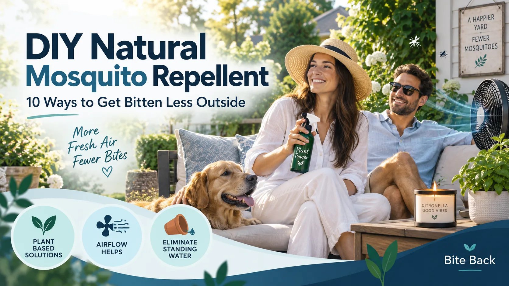 Bite Back Diy Natural Mosquito Repellent Guide Showing A Couple Relaxing Outside With Plant-Based Repellent, A Patio Fan, Citronella Candle, And Tips For Reducing Standing Water And Mosquito Bites.