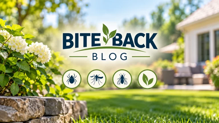Bite Back Tick And Mosquito Control Blog Featuring A Green Backyard With Tick, Mosquito And Plant Icons