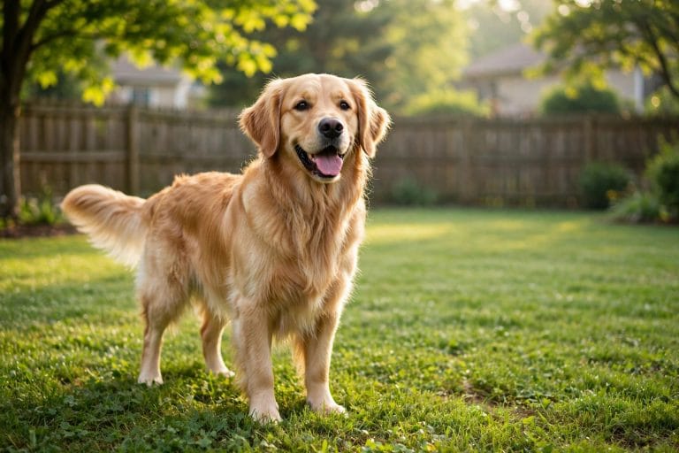 Happy Golden Retriever Standing On A Green Lawn In A New Jersey Backyard