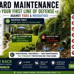 Bite Back Yard Maintenance Guide Showing A Maintained New Jersey Yard Beside Overgrown Tick And Mosquito Habitat With Ivy, Bamboo, Standing Water, Long Grass, Clogged Gutters And Drain Extensions.
