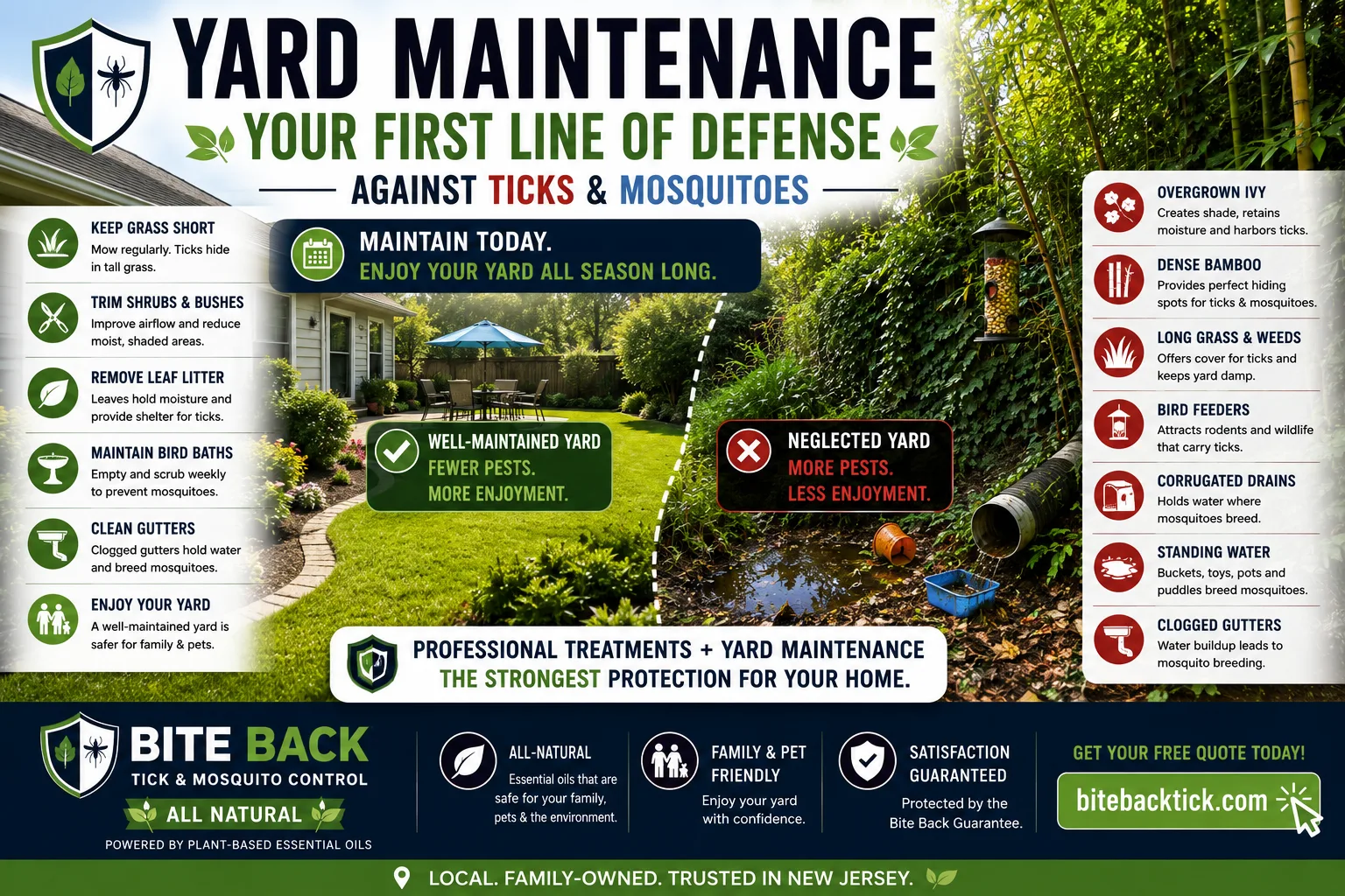 Bite Back Yard Maintenance Guide Showing A Maintained New Jersey Yard Beside Overgrown Tick And Mosquito Habitat With Ivy, Bamboo, Standing Water, Long Grass, Clogged Gutters And Drain Extensions.